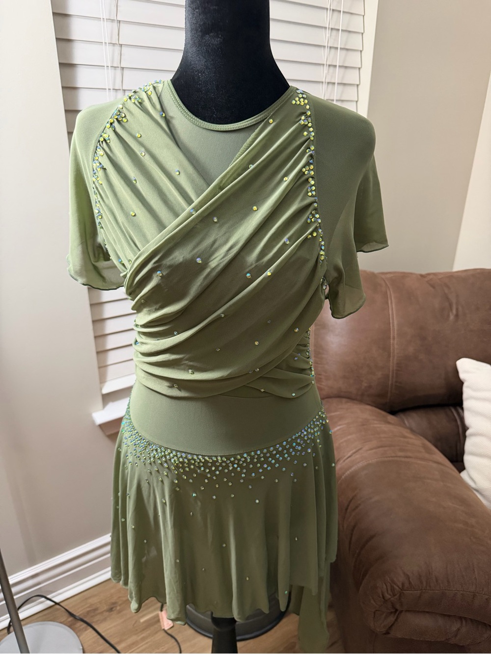 AM Olive Green Draped Short Sleeve Dance Dress with Embellishments